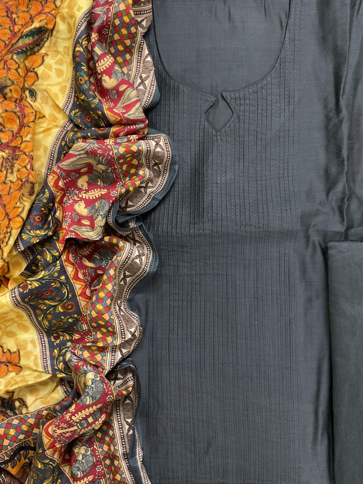 Pure Cotton Silk Printed Embroidered Suit - Grey