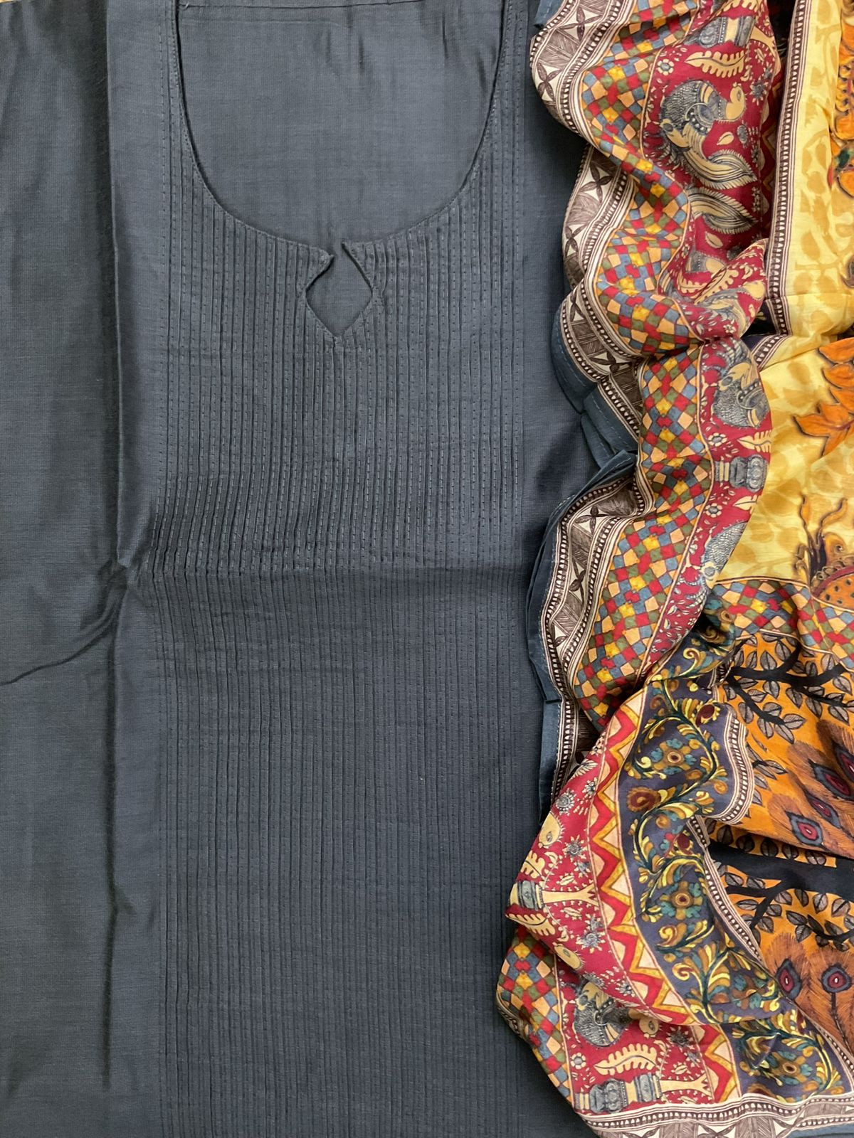 Pure Cotton Silk Printed Embroidered Suit - Grey