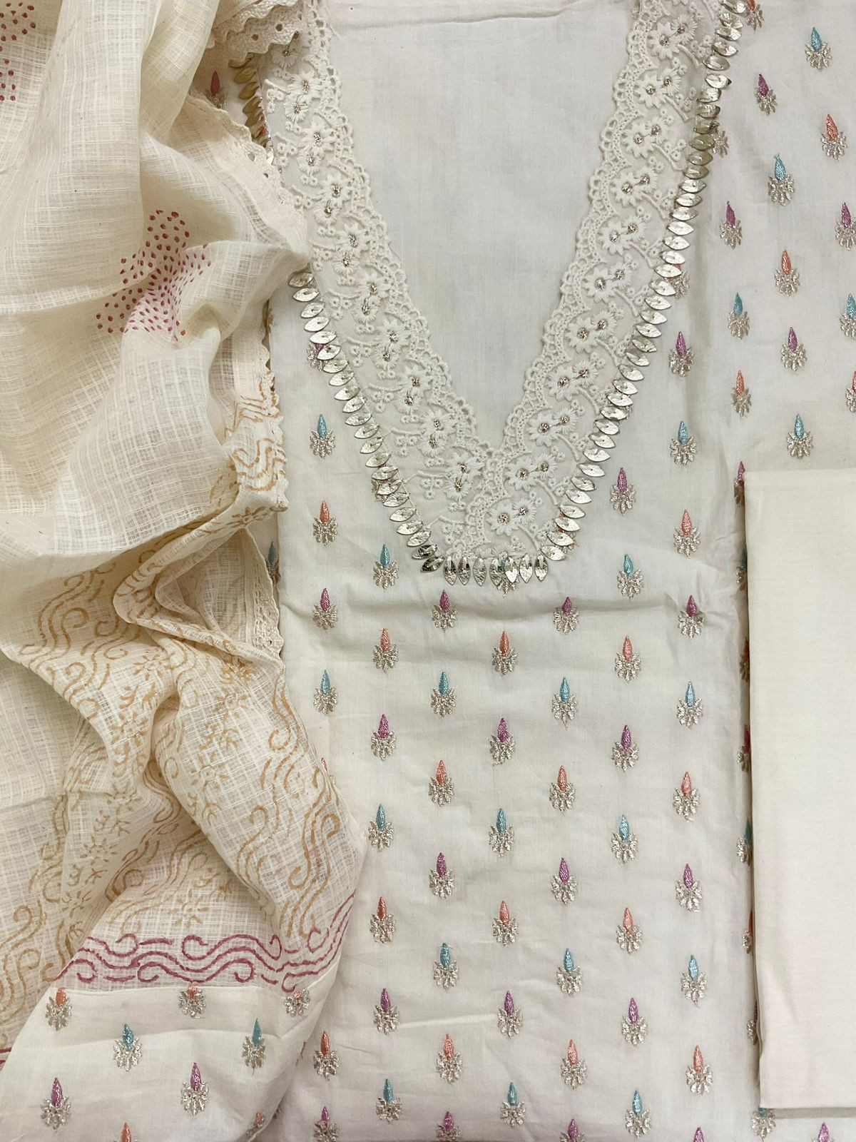 Pure Cotton Printed Embroidered Suit - Cream