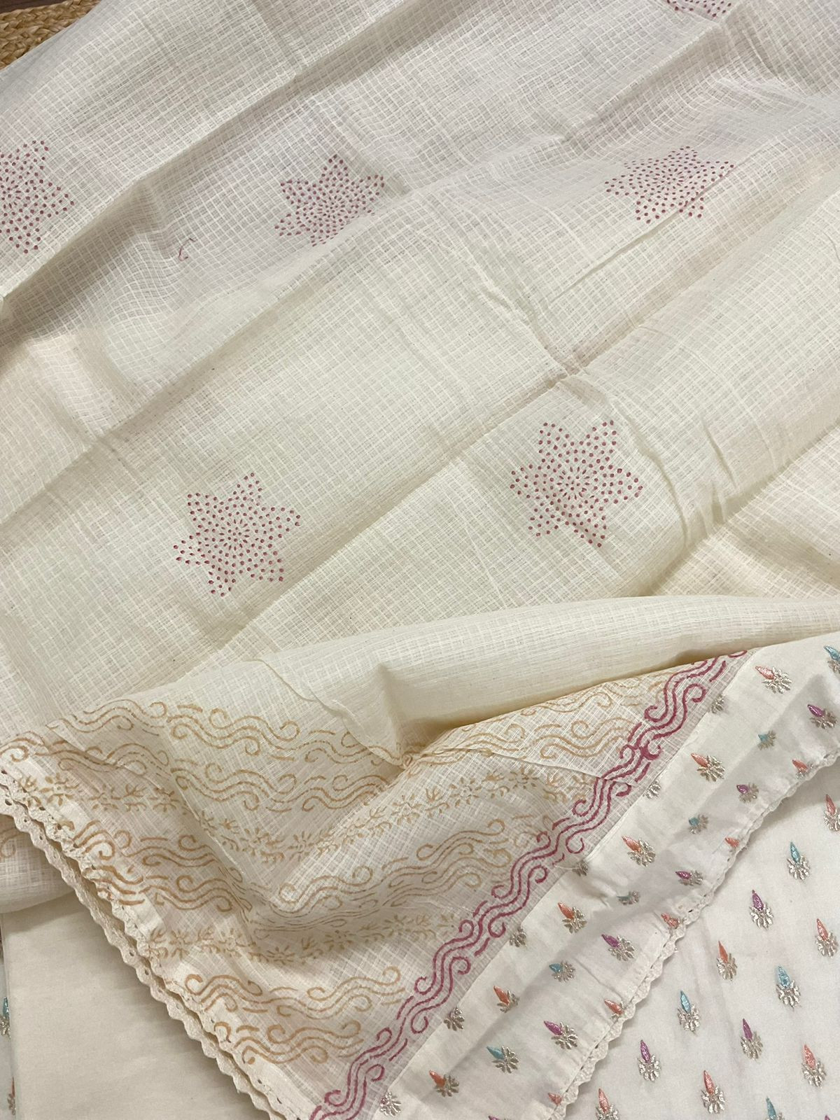 Pure Cotton Printed Embroidered Suit - Cream