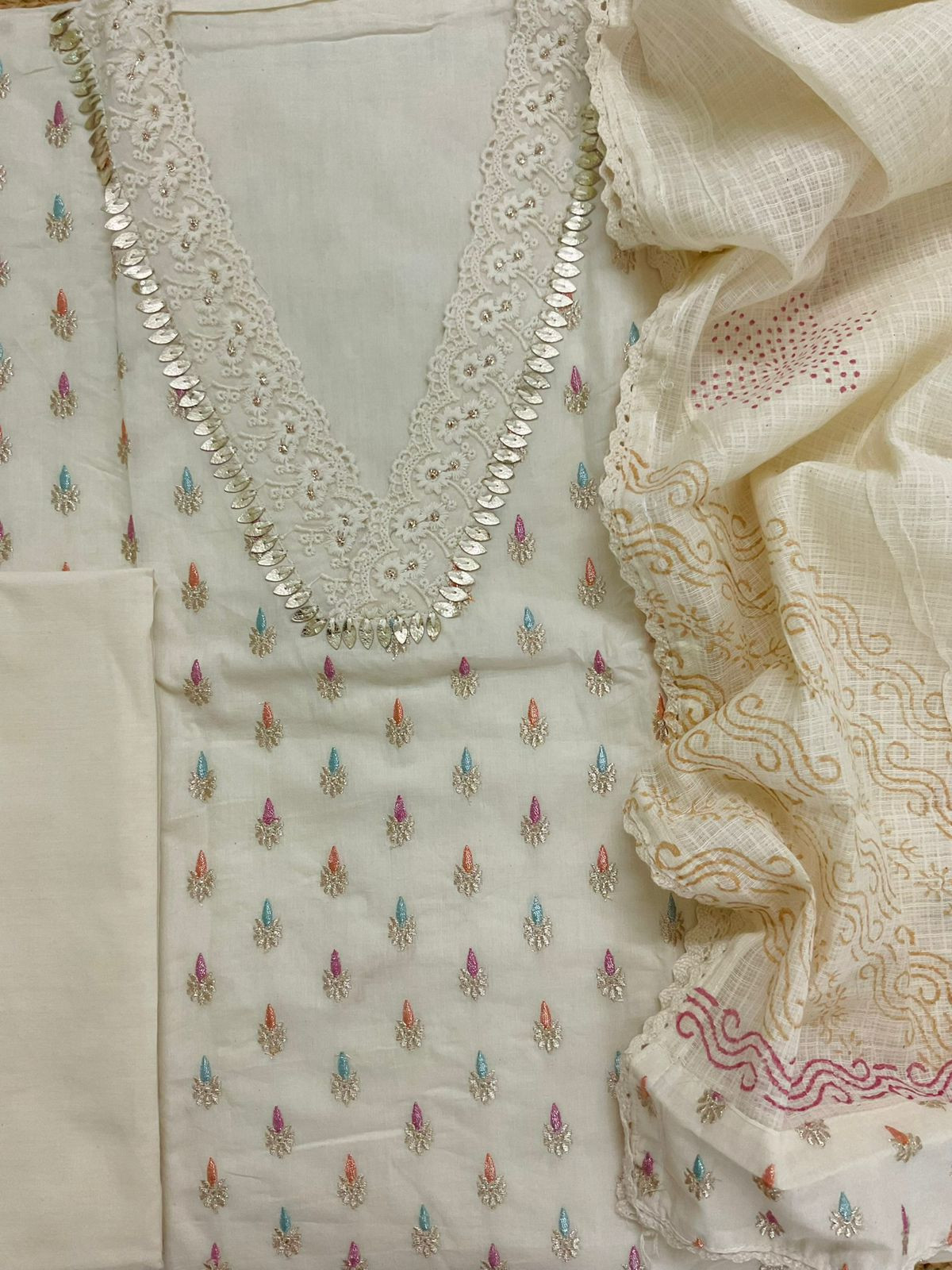 Pure Cotton Printed Embroidered Suit - Cream