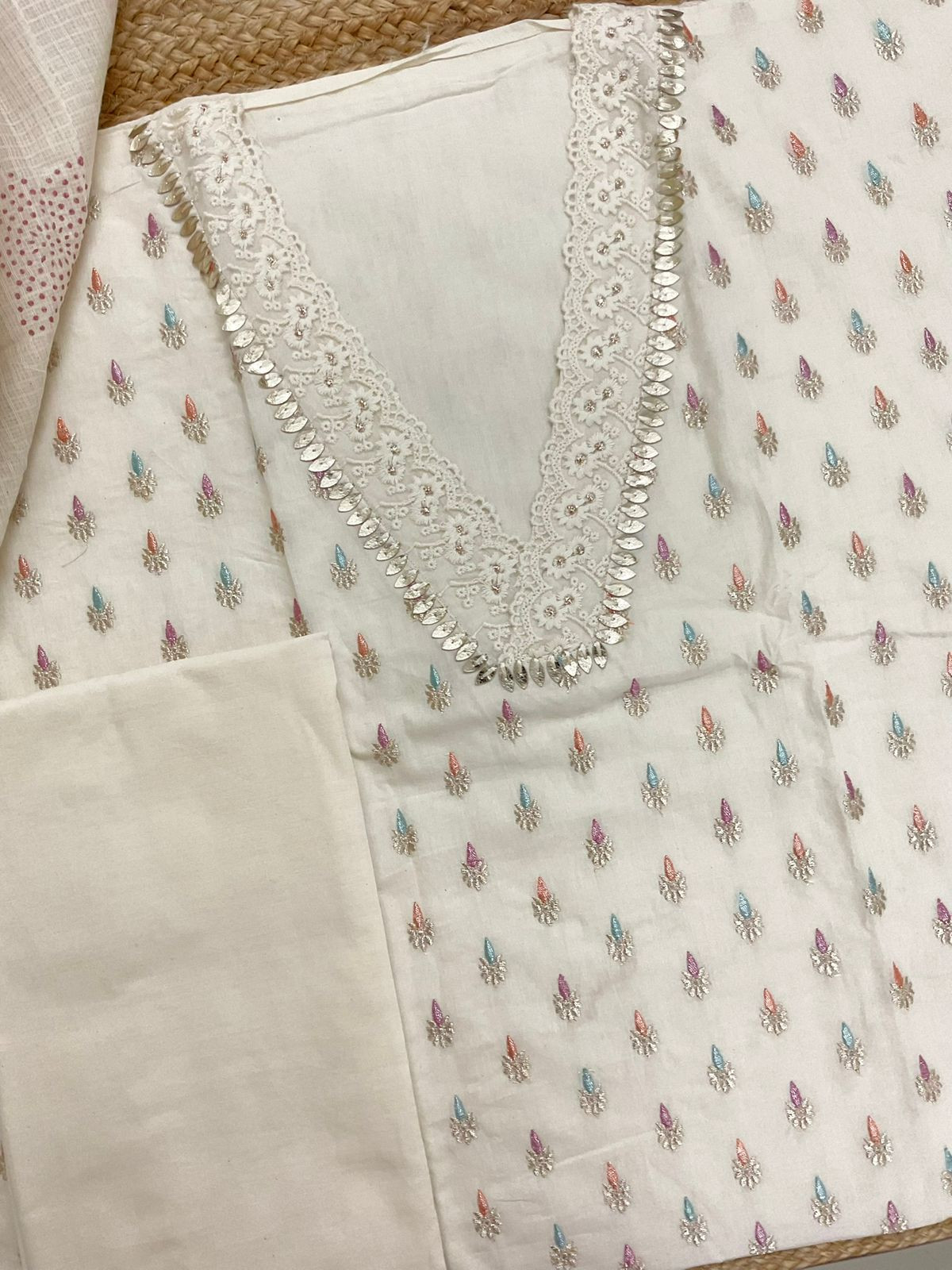 Pure Cotton Printed Embroidered Suit - Cream