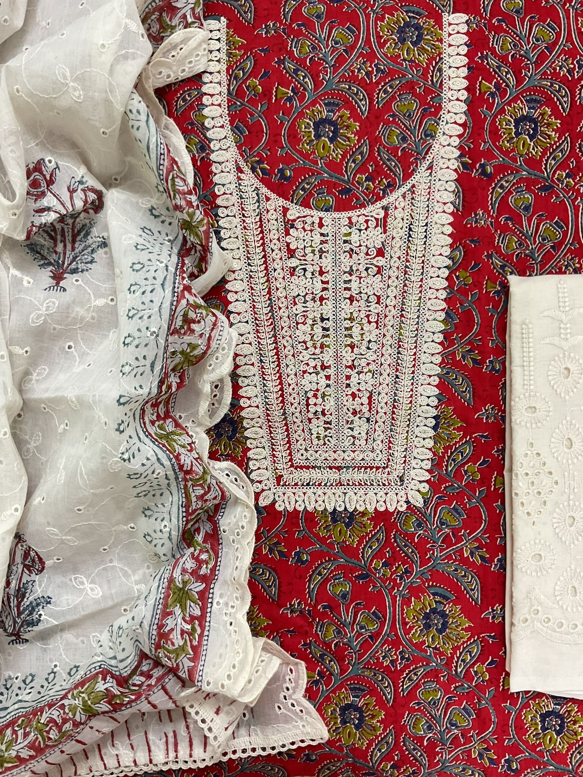 Pure Cotton Printed Embroidered Suit - Red