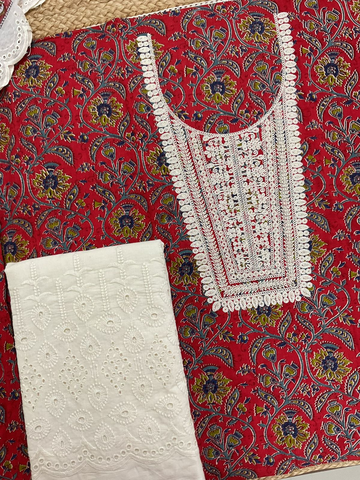 Pure Cotton Printed Embroidered Suit - Red