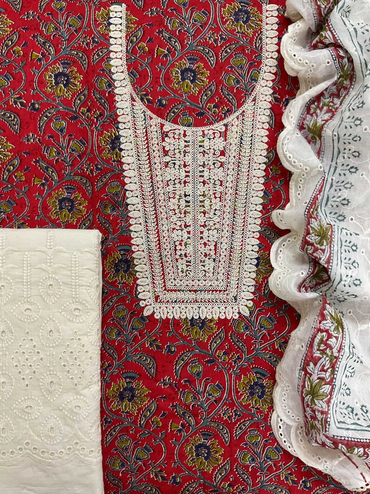 Pure Cotton Printed Embroidered Suit - Red