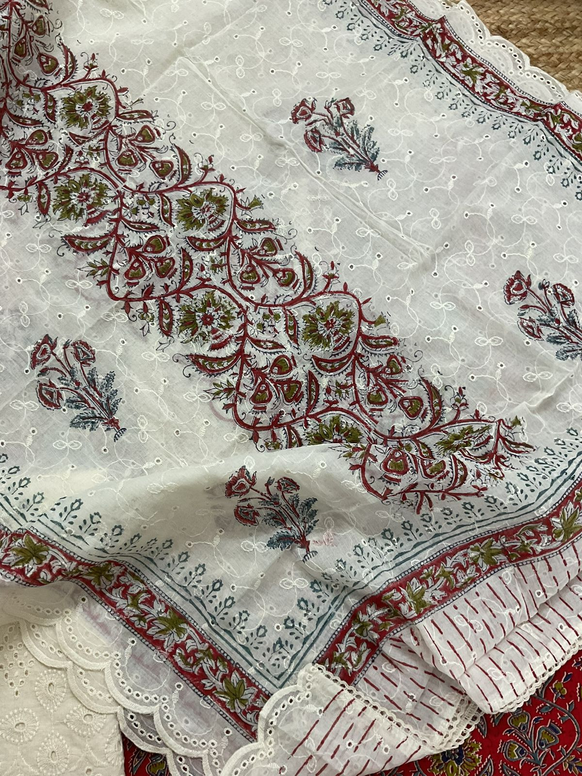 Pure Cotton Printed Embroidered Suit - Red