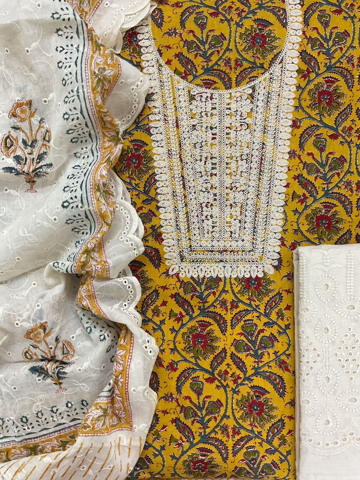 Pure Cotton Printed Embroidered Suit - Yellow