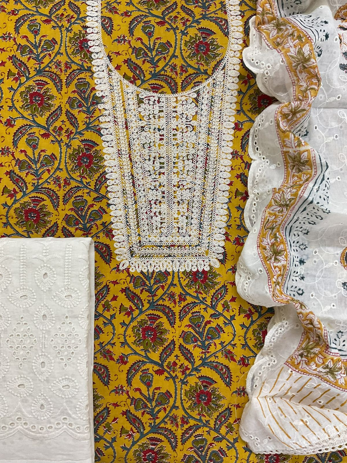 Pure Cotton Printed Embroidered Suit - Yellow