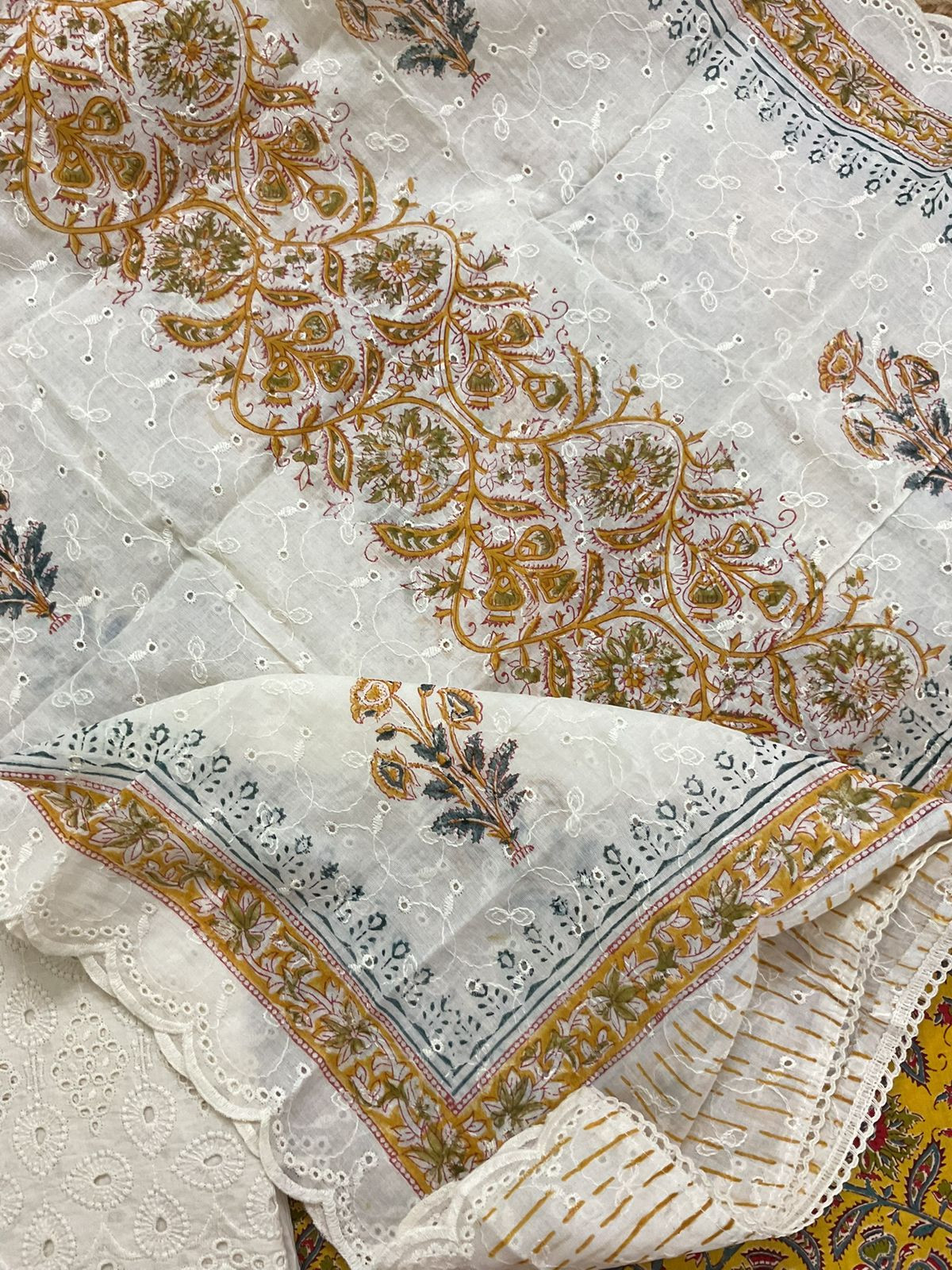 Pure Cotton Printed Embroidered Suit - Yellow