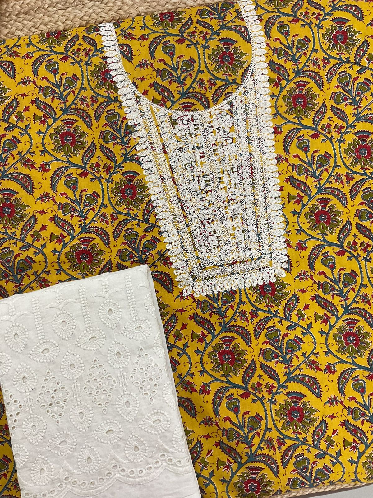 Pure Cotton Printed Embroidered Suit - Yellow