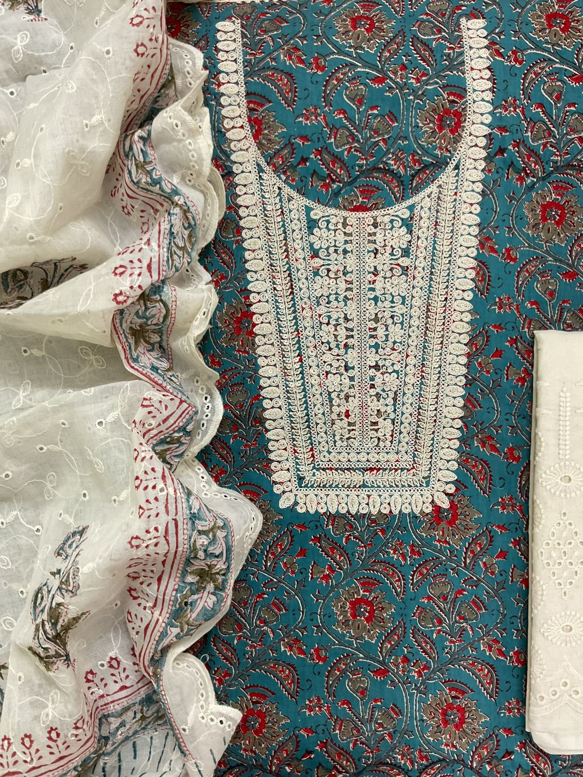 Pure Cotton Printed Embroidered Suit - Blue