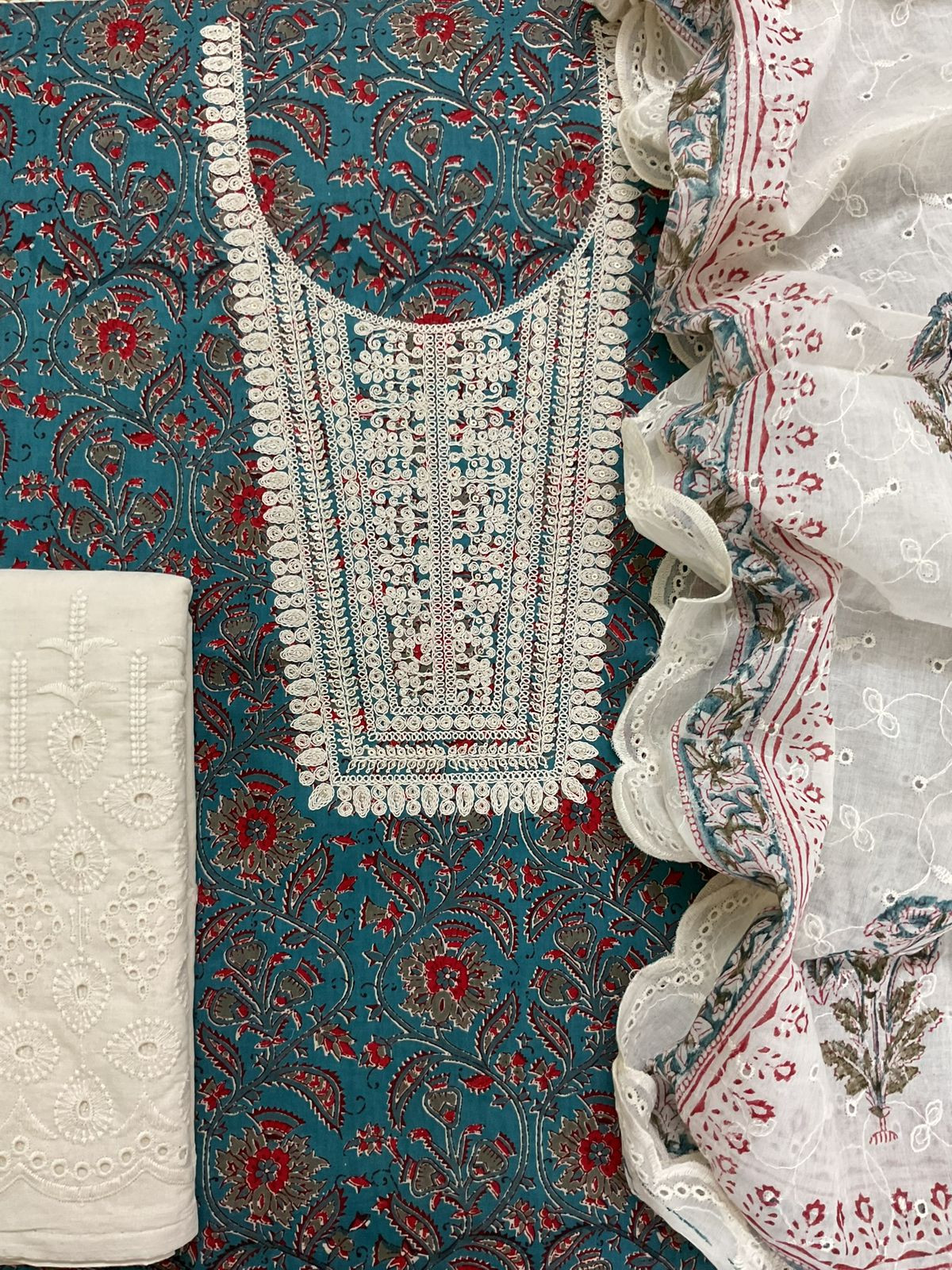 Pure Cotton Printed Embroidered Suit - Blue