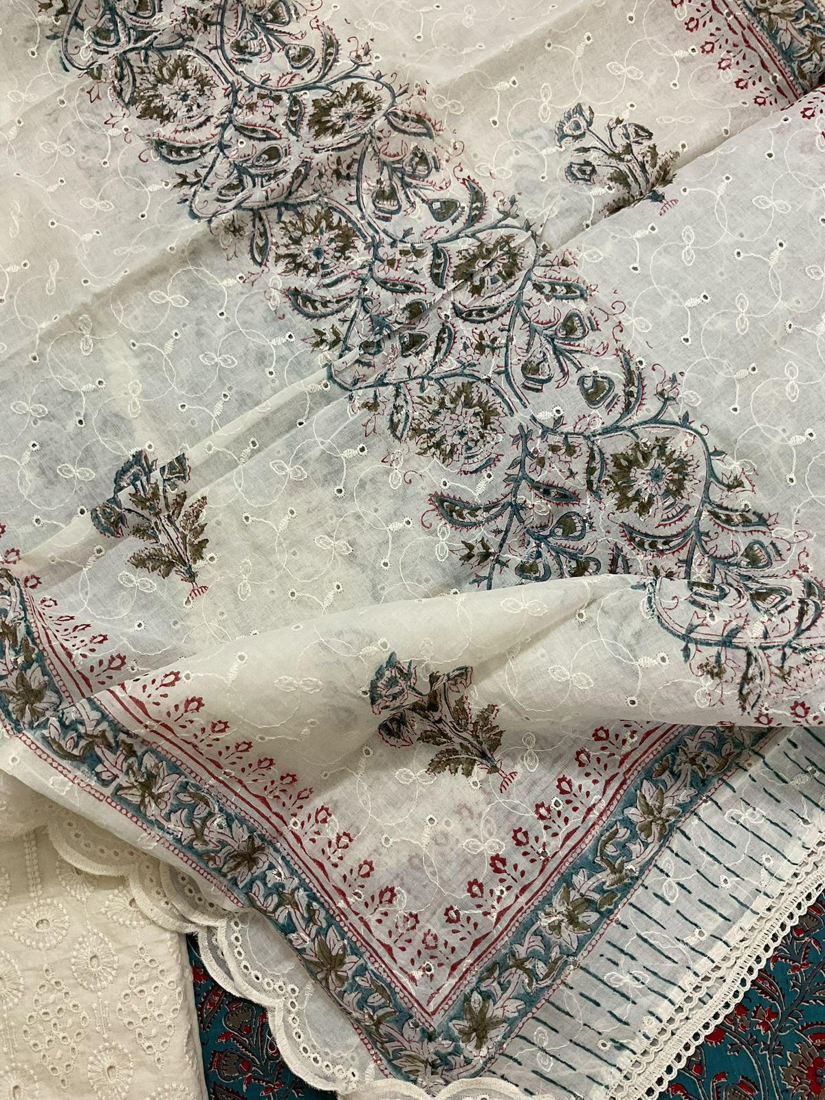 Pure Cotton Printed Embroidered Suit - Blue