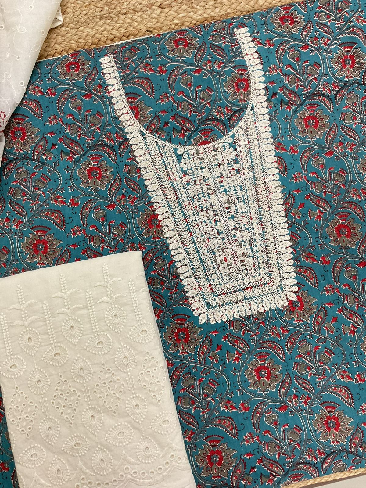 Pure Cotton Printed Embroidered Suit - Blue