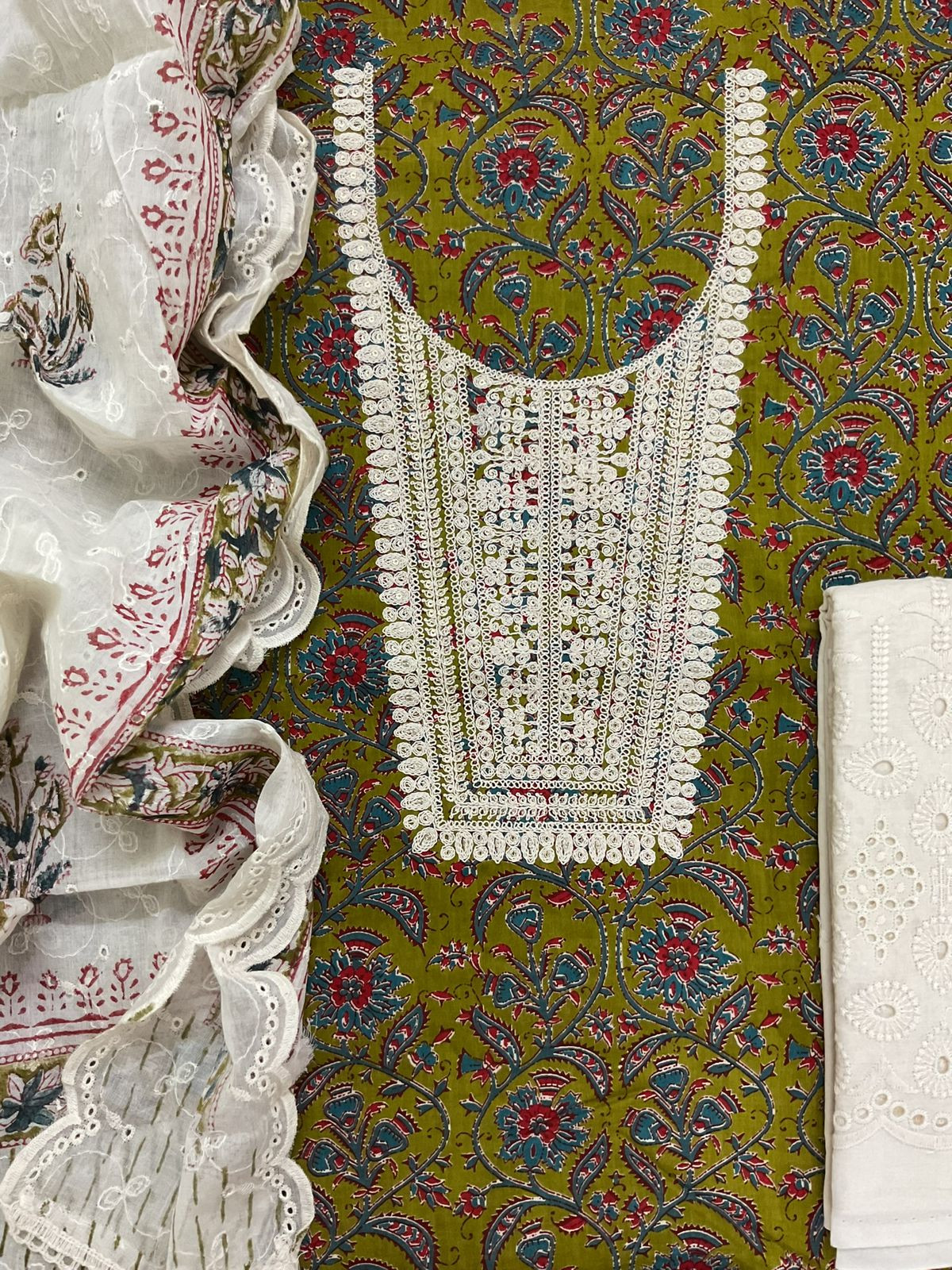 Pure Cotton Printed Embroidered Suit - Green