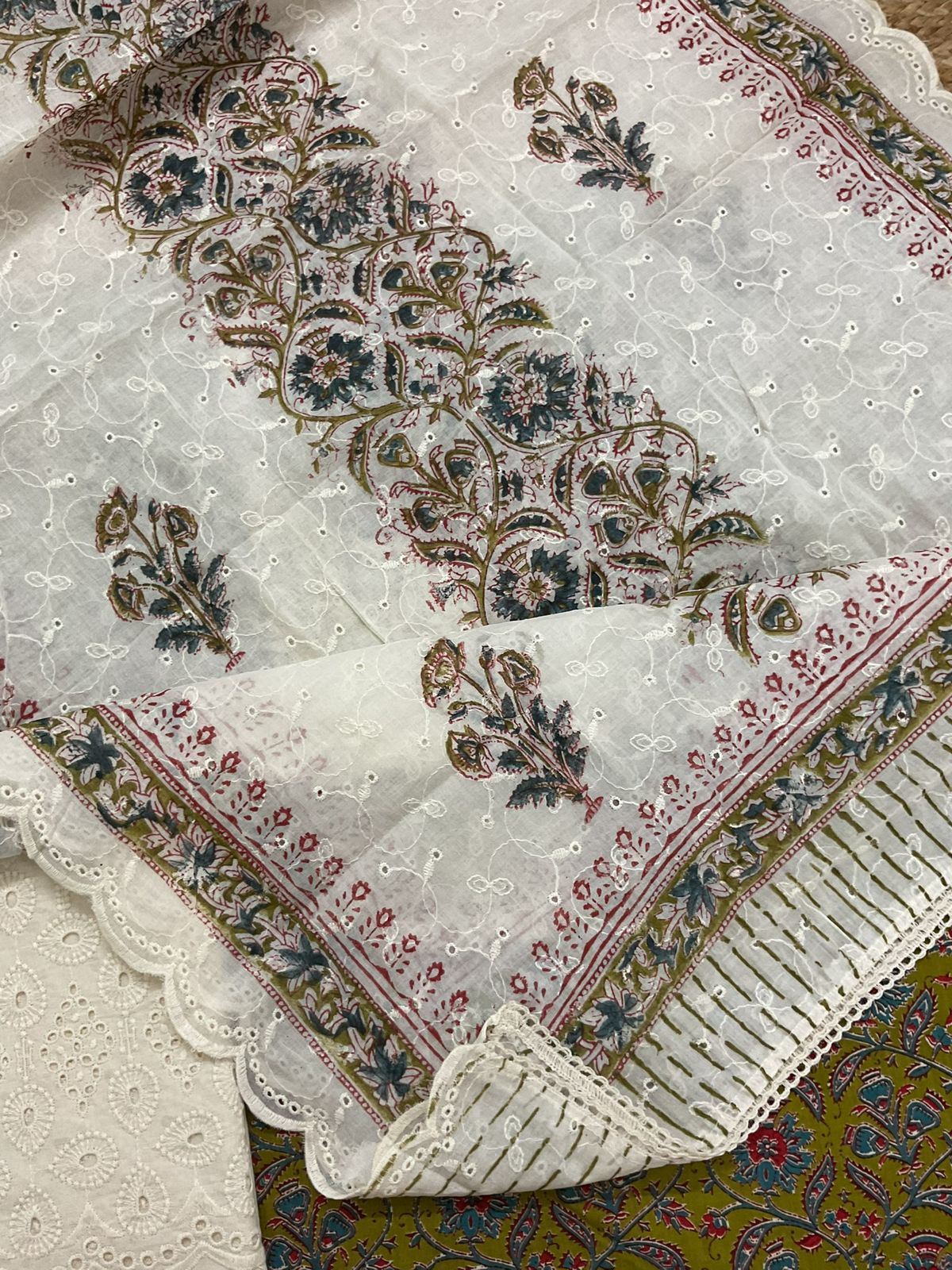 Pure Cotton Printed Embroidered Suit - Green