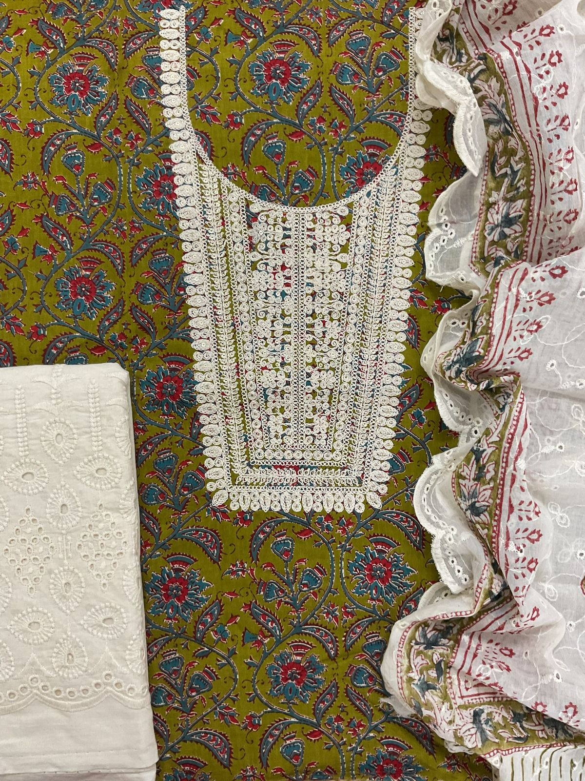Pure Cotton Printed Embroidered Suit - Green