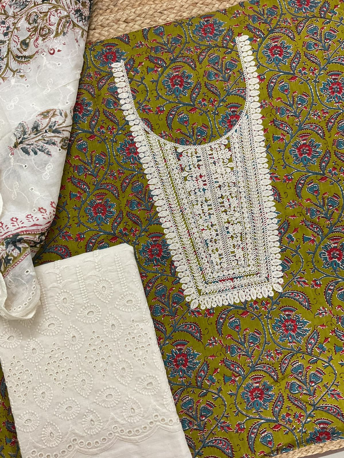 Pure Cotton Printed Embroidered Suit - Green