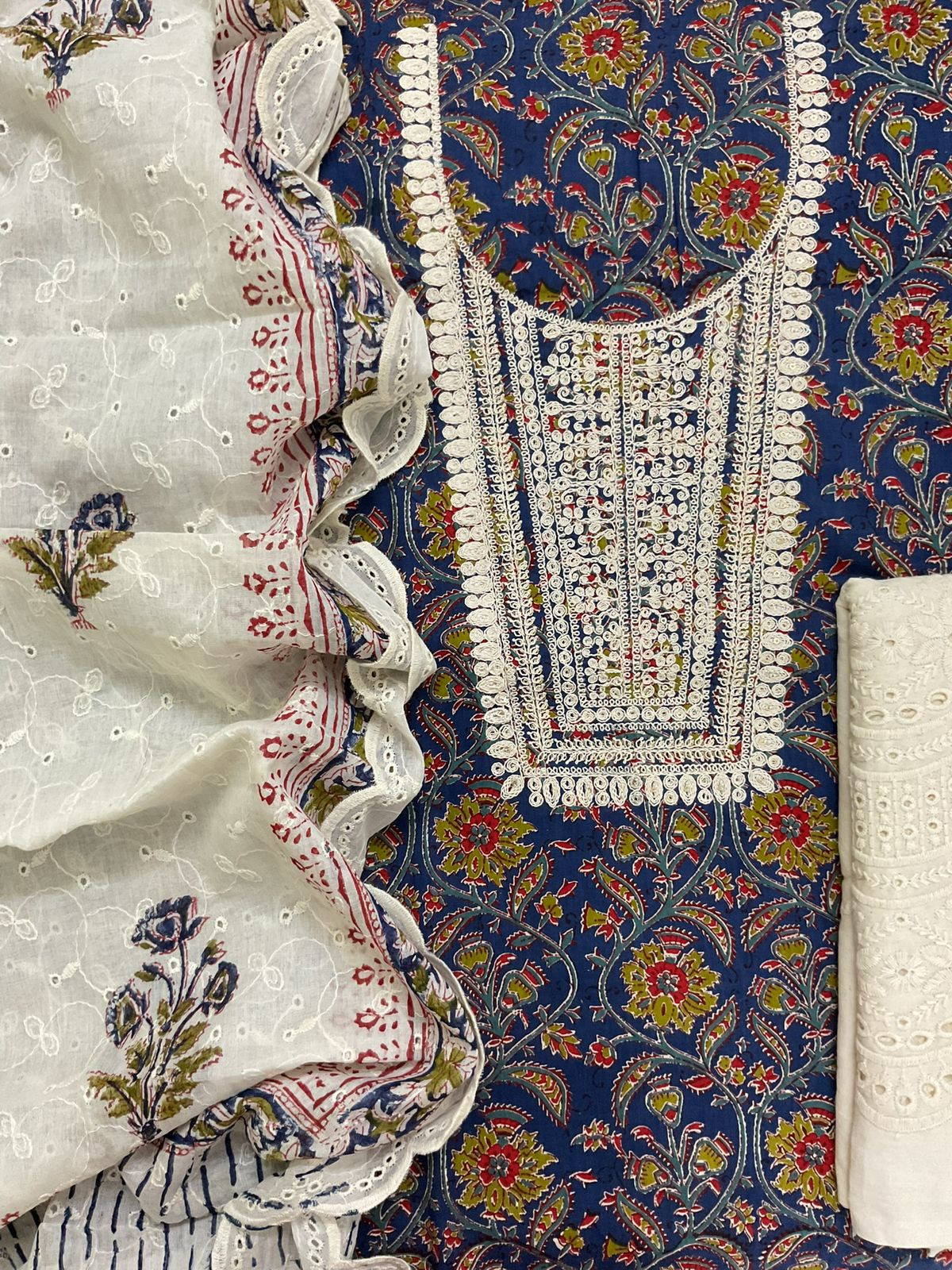 Pure Cotton Printed Embroidered Suit - Blue