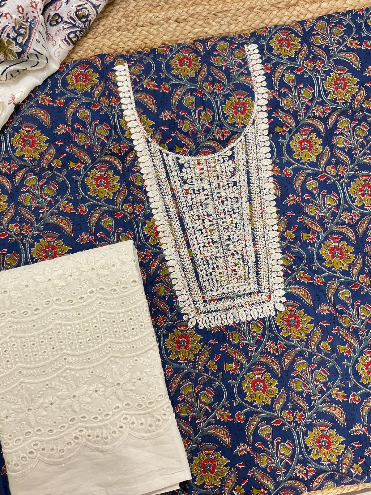 Pure Cotton Printed Embroidered Suit - Blue