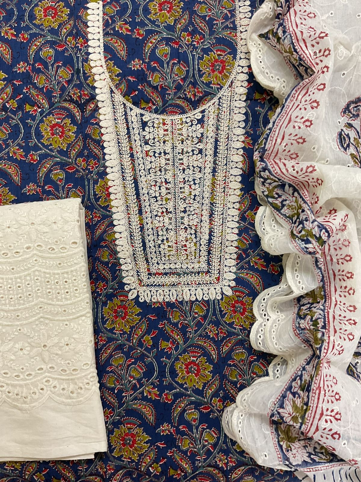 Pure Cotton Printed Embroidered Suit - Blue