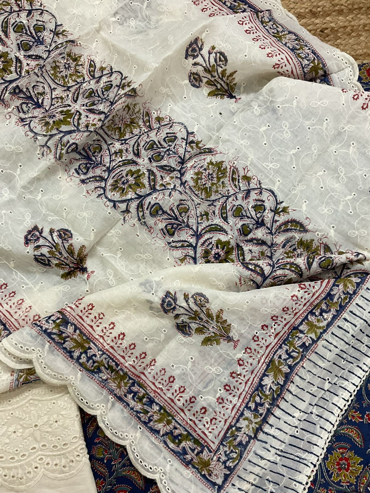 Pure Cotton Printed Embroidered Suit - Blue