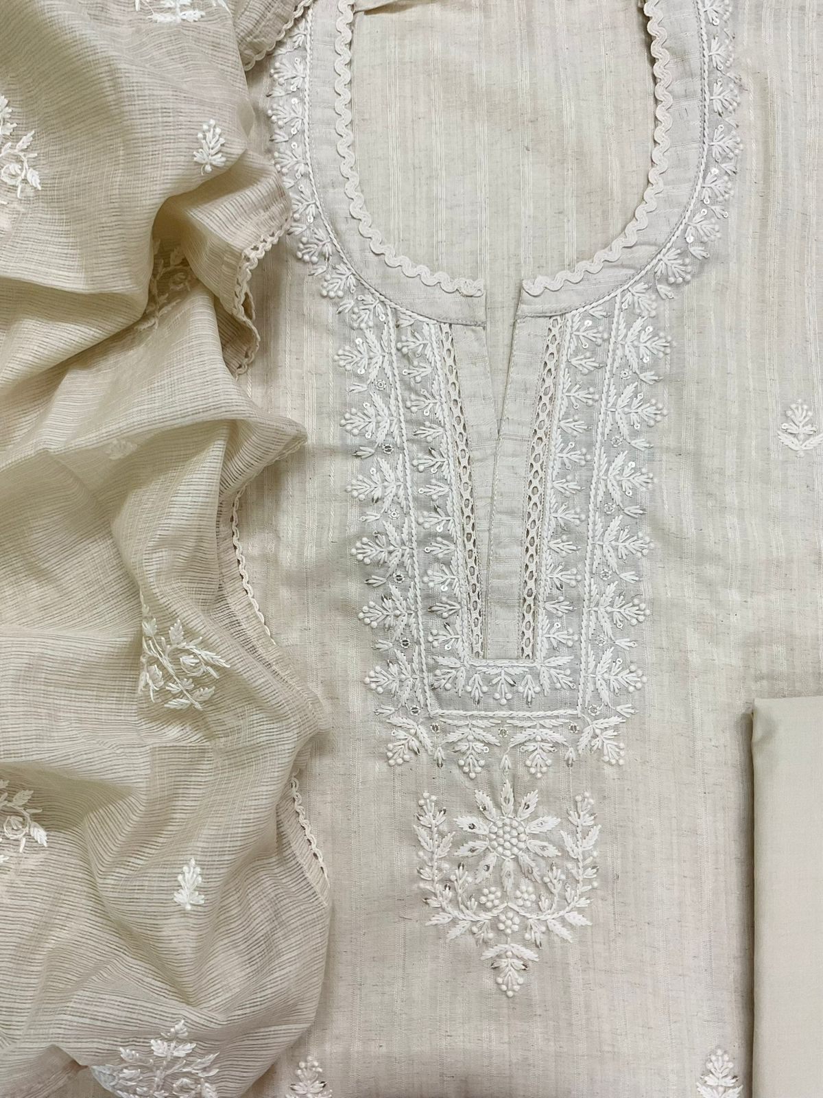 Pure Handloom Cotton Silk Self Weaved Embroidered Suit - Cream