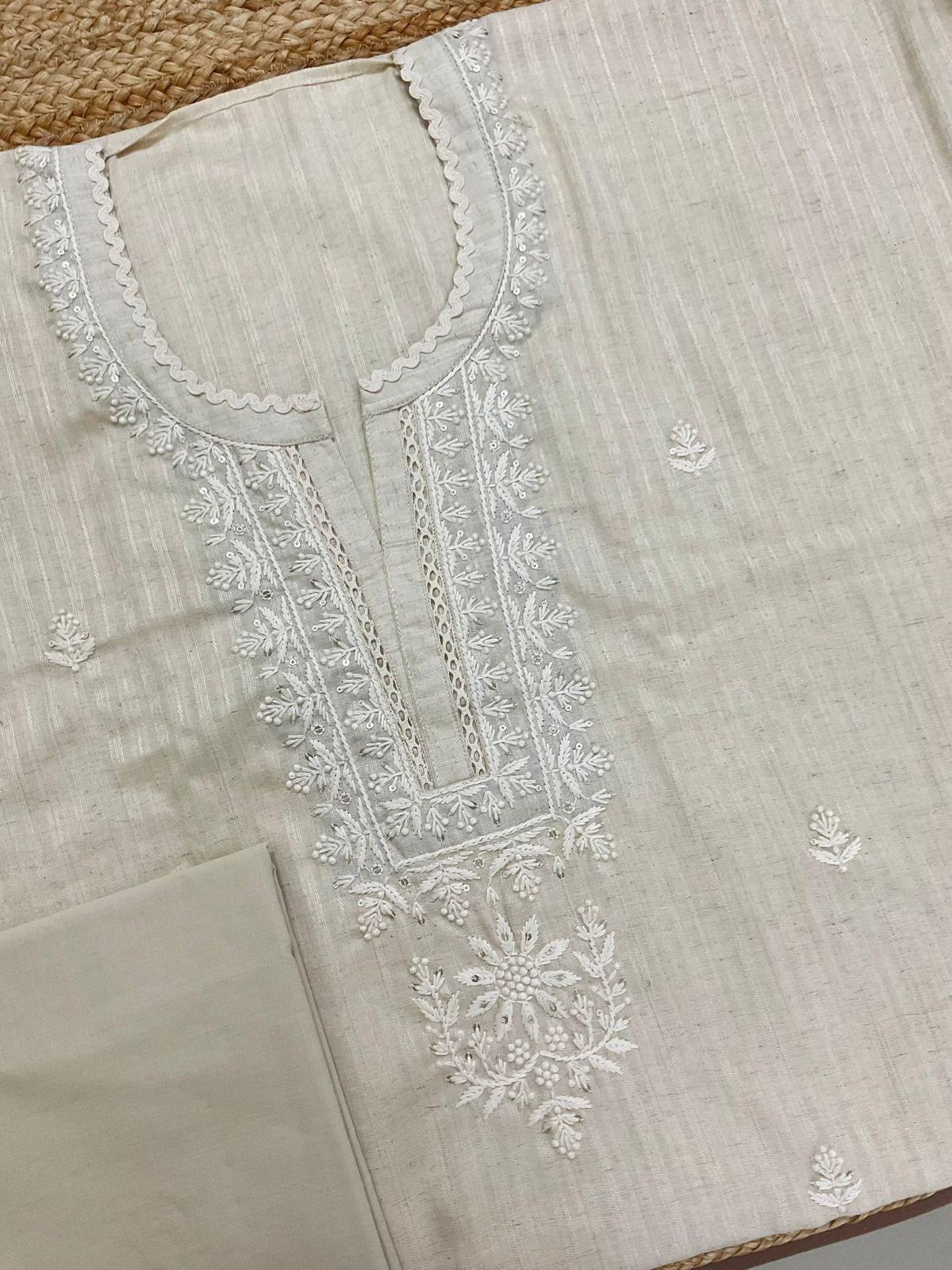 Pure Handloom Cotton Silk Self Weaved Embroidered Suit - Cream