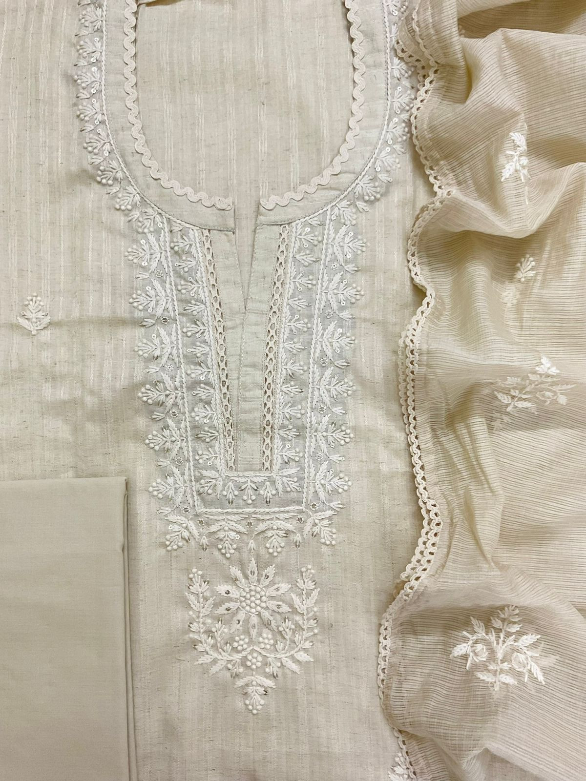 Pure Handloom Cotton Silk Self Weaved Embroidered Suit - Cream
