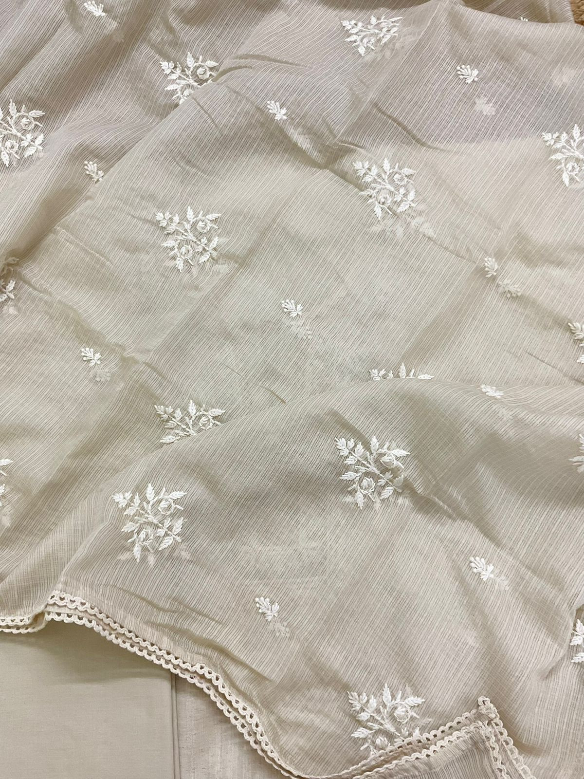 Pure Handloom Cotton Silk Self Weaved Embroidered Suit - Cream