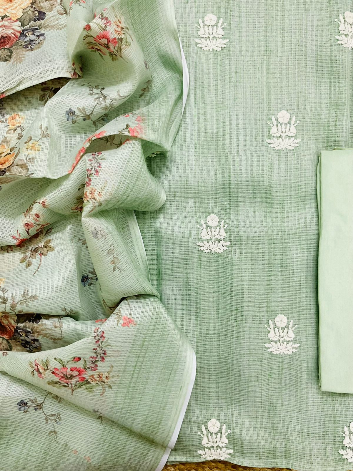 Soft Kota Silk Printed Embroidered Suit - Green