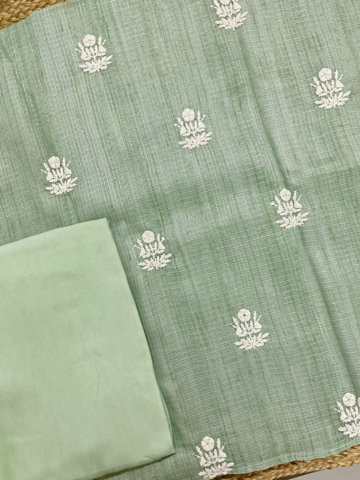 Soft Kota Silk Printed Embroidered Suit - Green