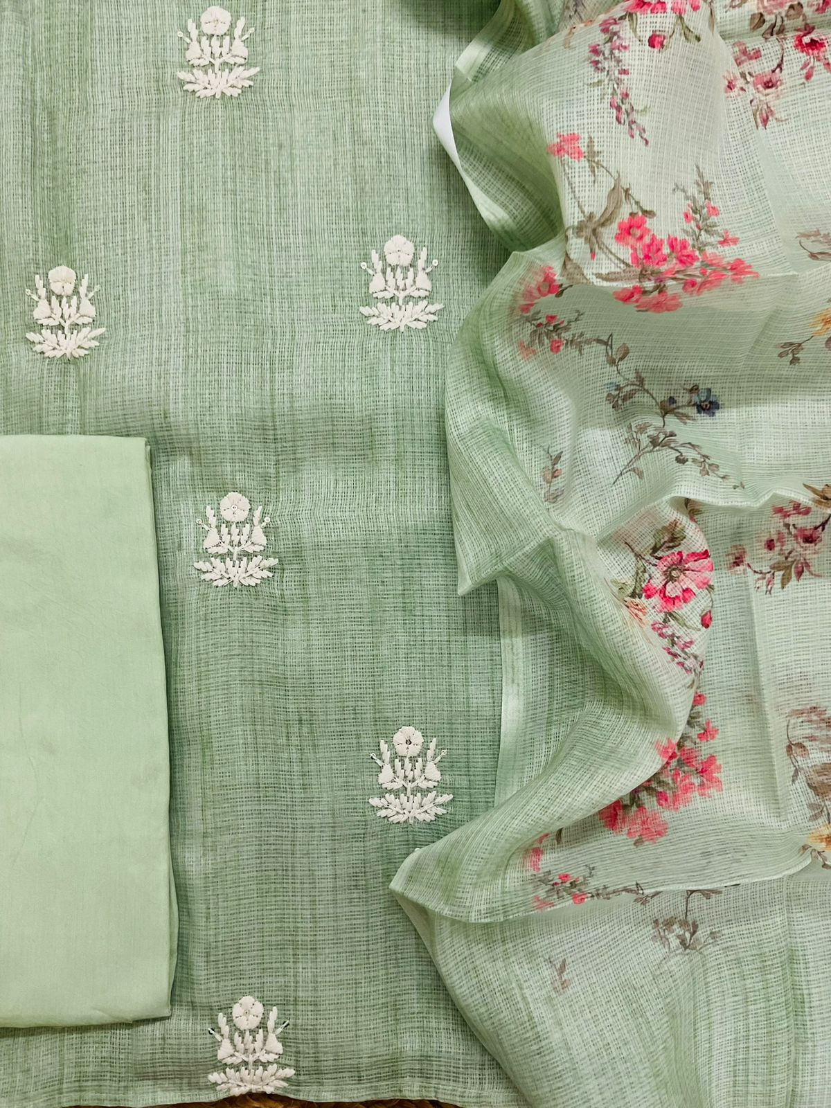 Soft Kota Silk Printed Embroidered Suit - Green
