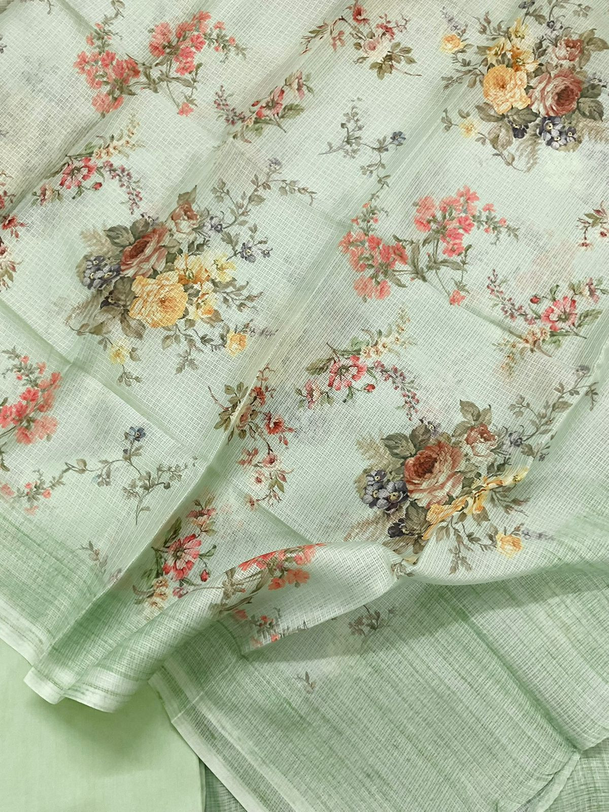 Soft Kota Silk Printed Embroidered Suit - Green