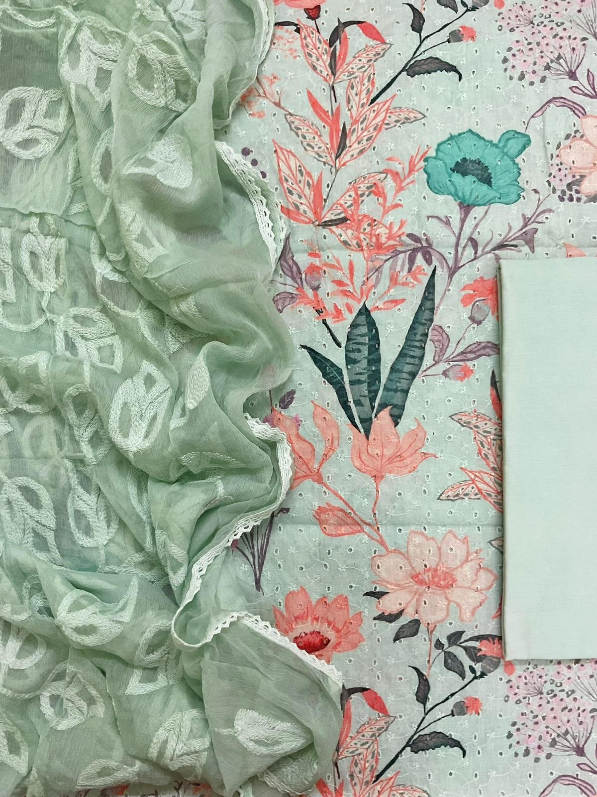 Pure Fine Hakoba Cotton Printed Embroidered Suit - Green