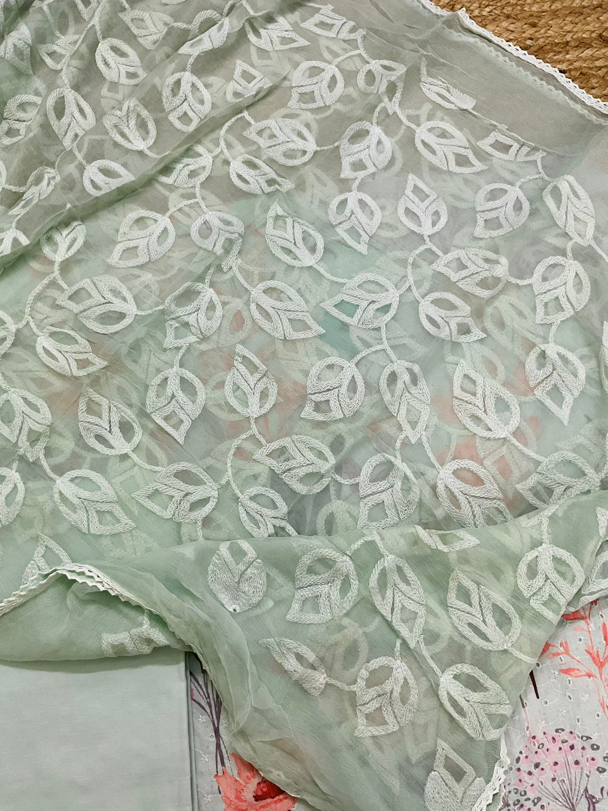 Pure Fine Hakoba Cotton Printed Embroidered Suit - Green