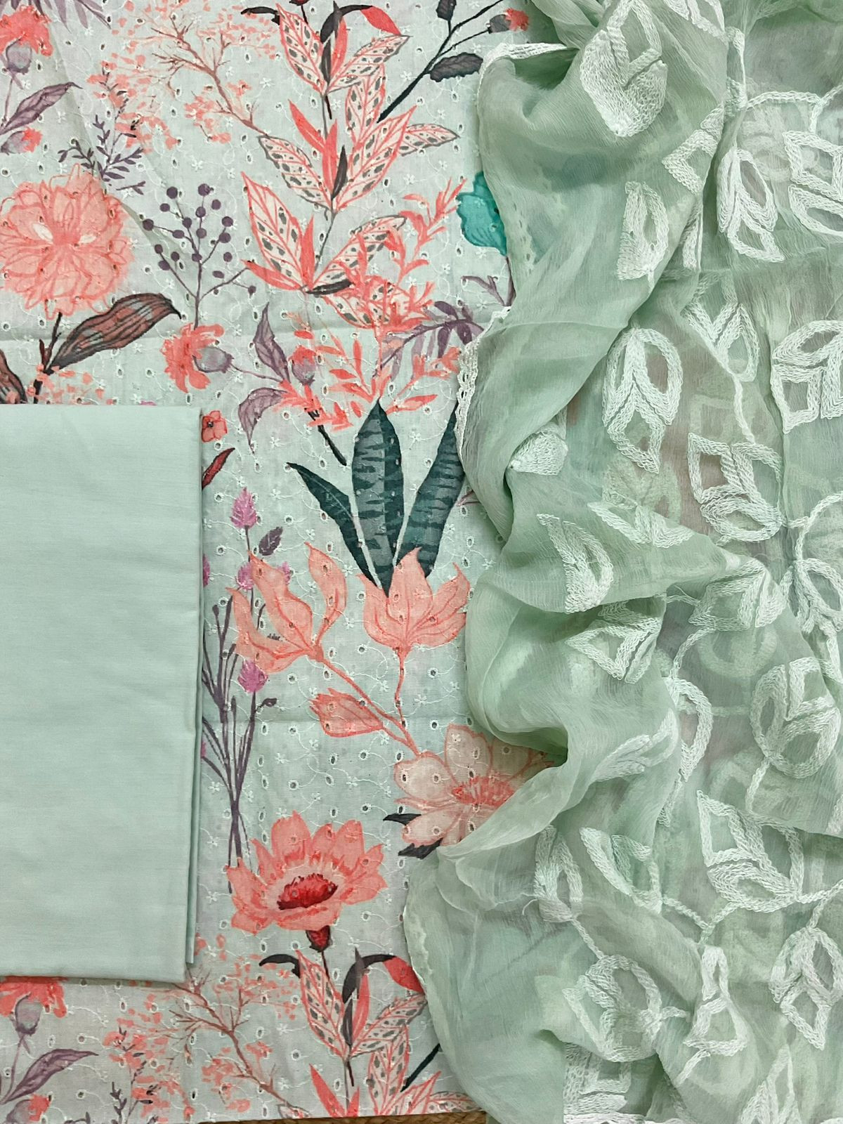 Pure Fine Hakoba Cotton Printed Embroidered Suit - Green