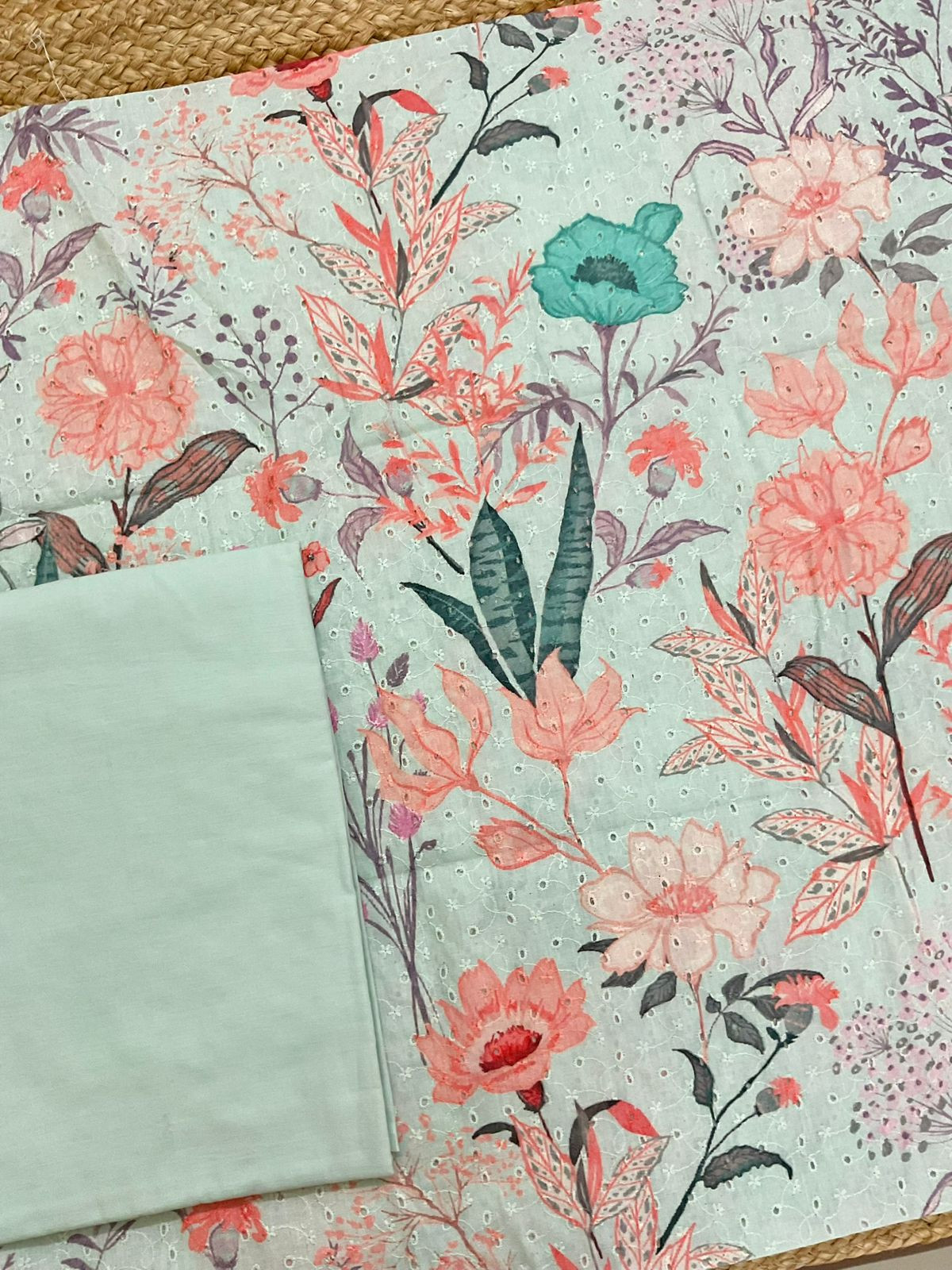 Pure Fine Hakoba Cotton Printed Embroidered Suit - Green