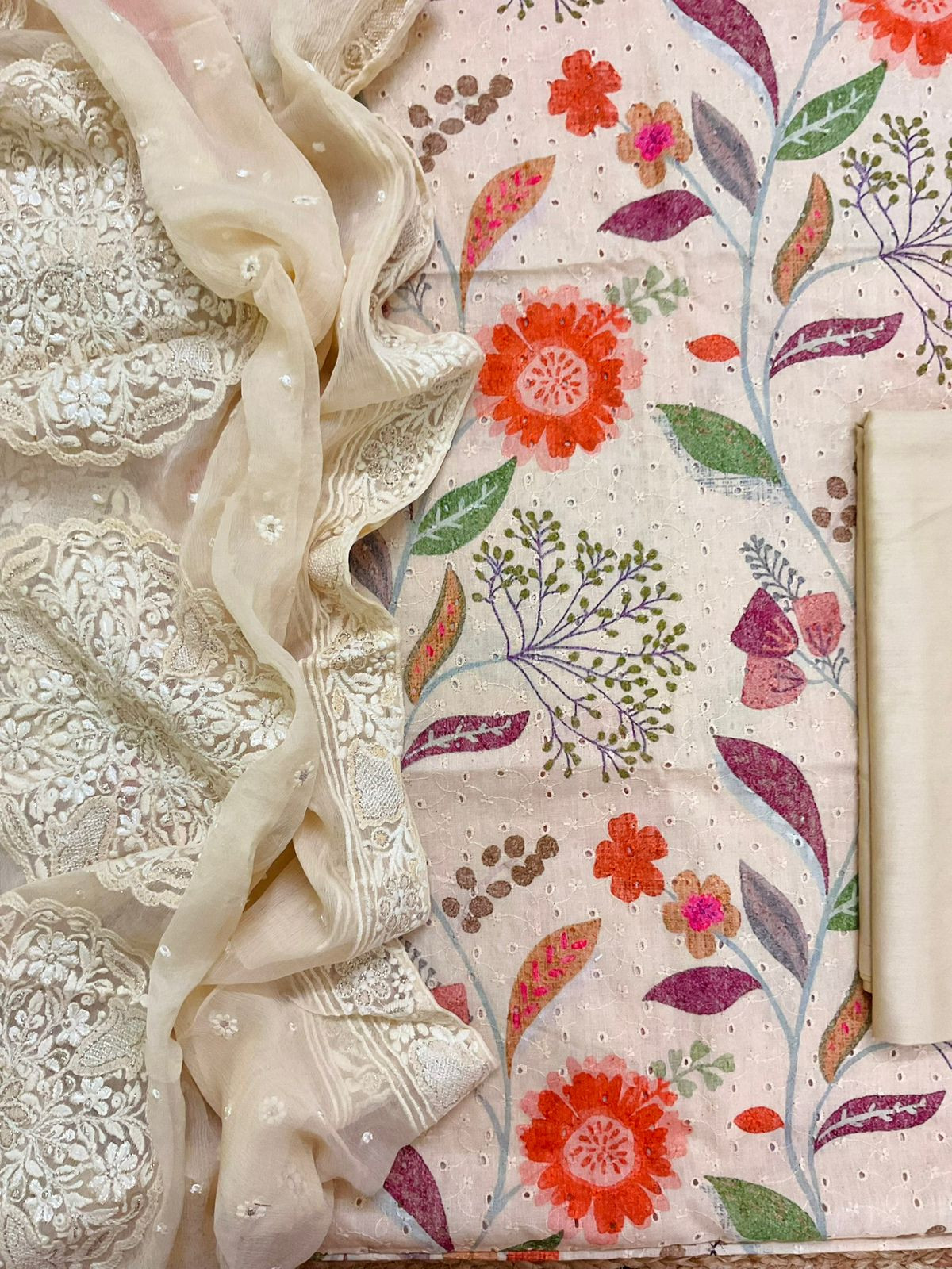 Pure Fine Hakoba Cotton Printed Embroidered Suit - Light Beige
