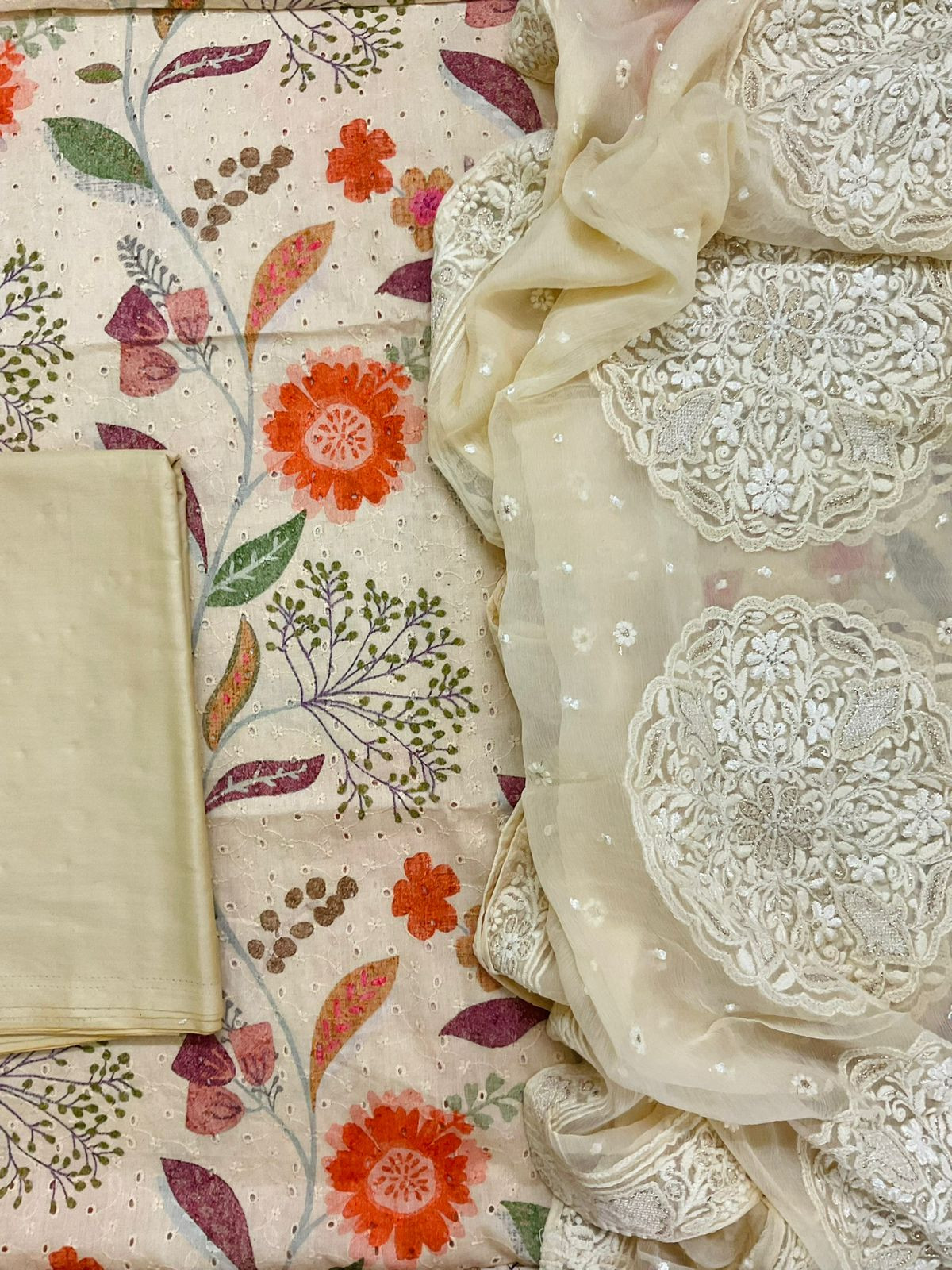 Pure Fine Hakoba Cotton Printed Embroidered Suit - Light Beige