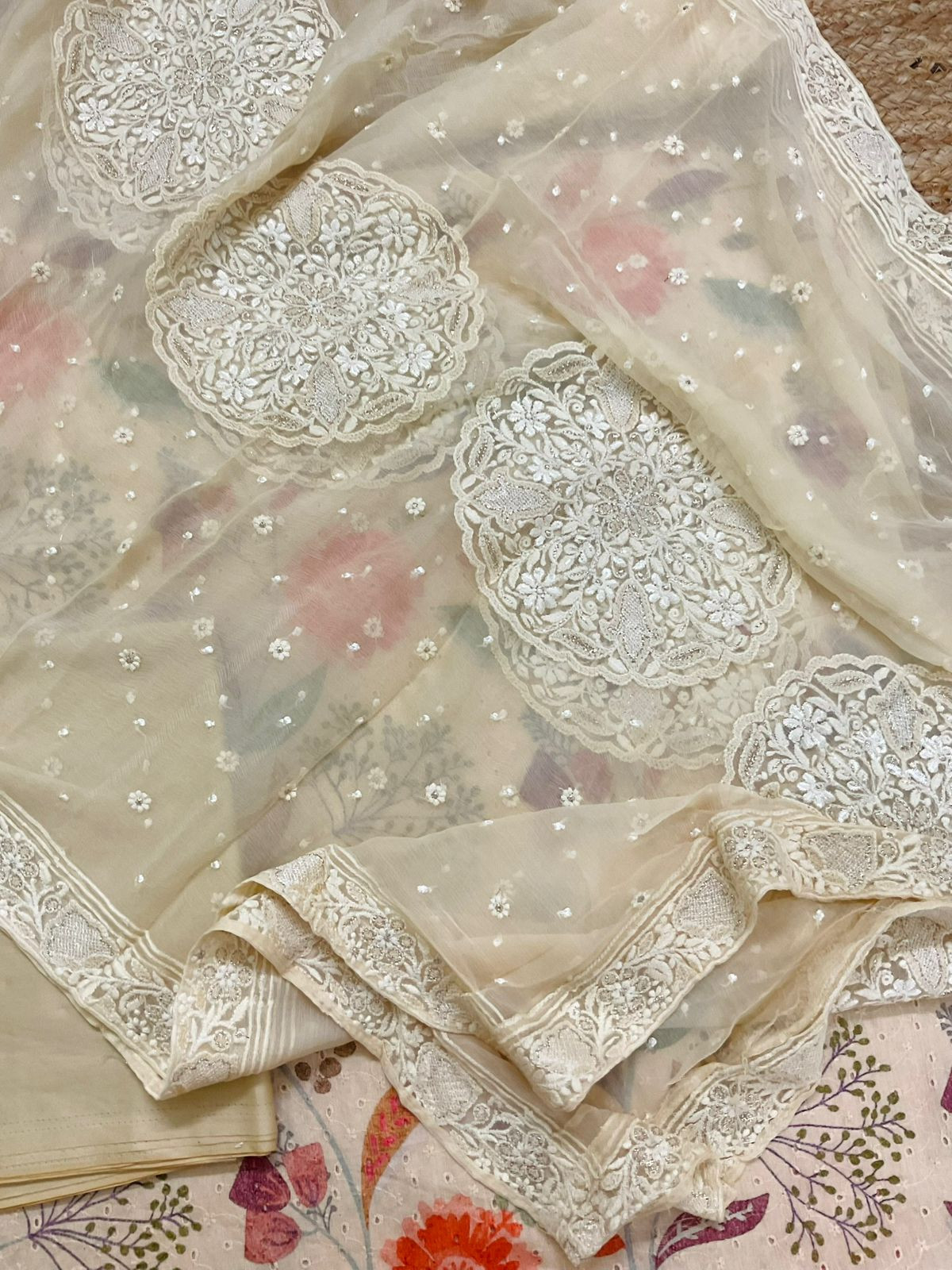 Pure Fine Hakoba Cotton Printed Embroidered Suit - Light Beige