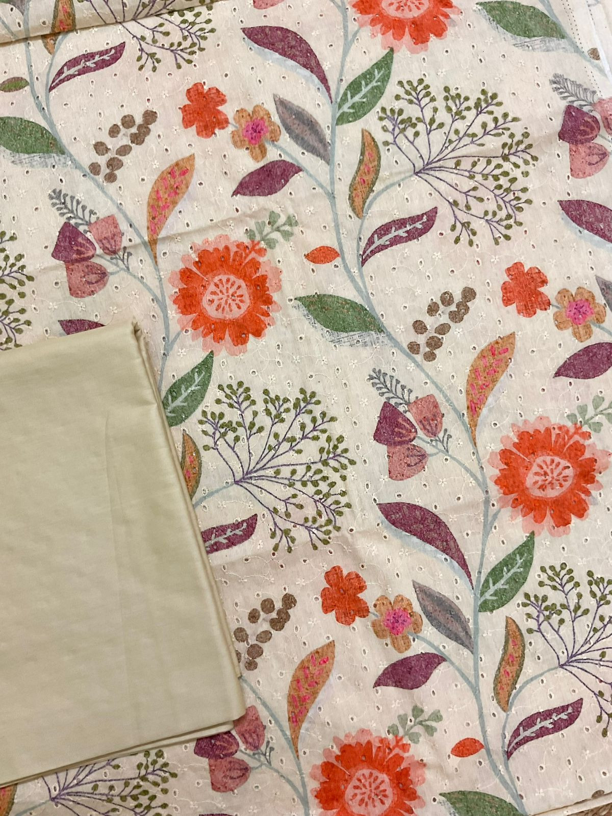 Pure Fine Hakoba Cotton Printed Embroidered Suit - Light Beige