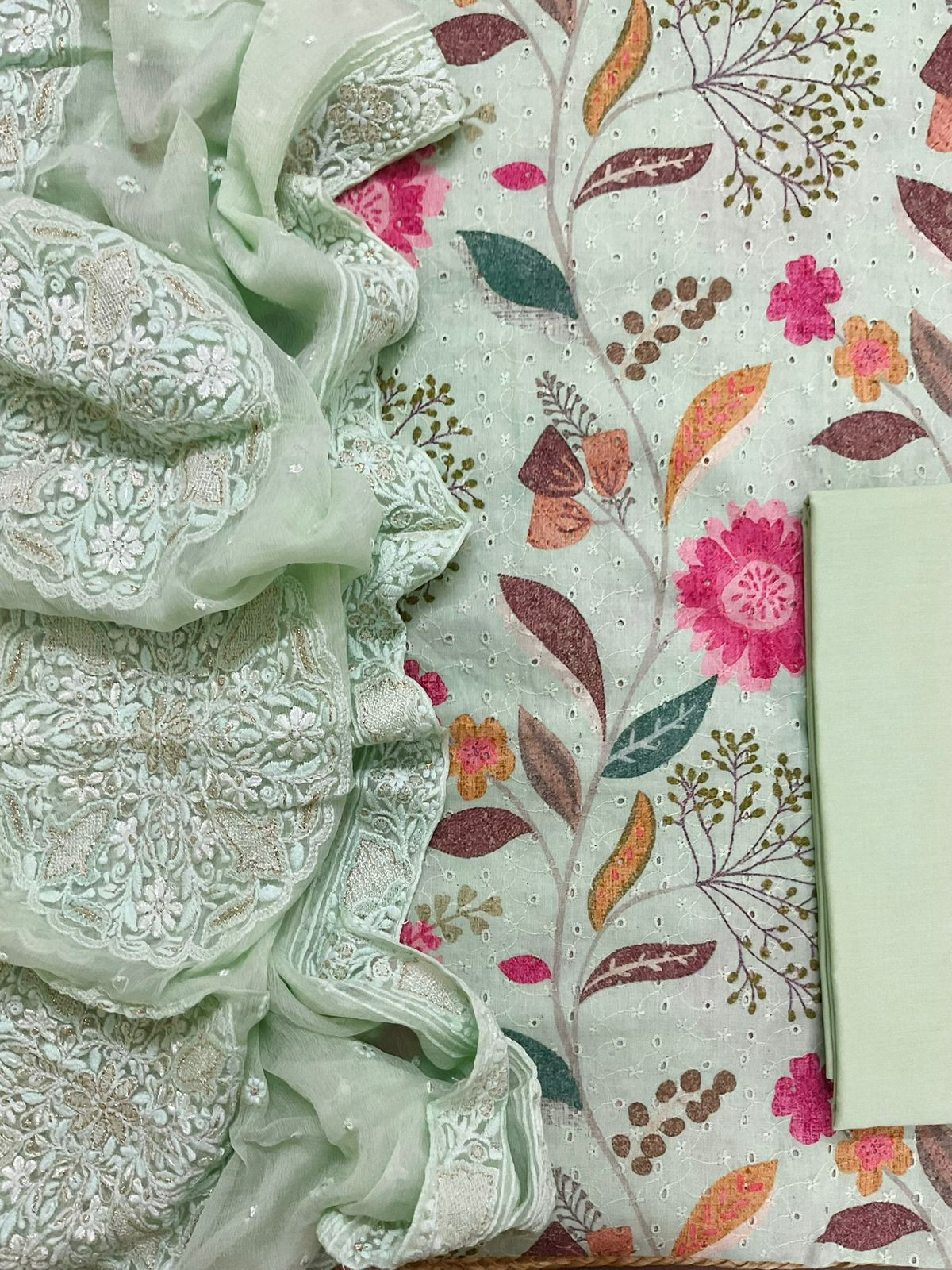 Pure Fine Hakoba Cotton Printed Embroidered Suit - Green