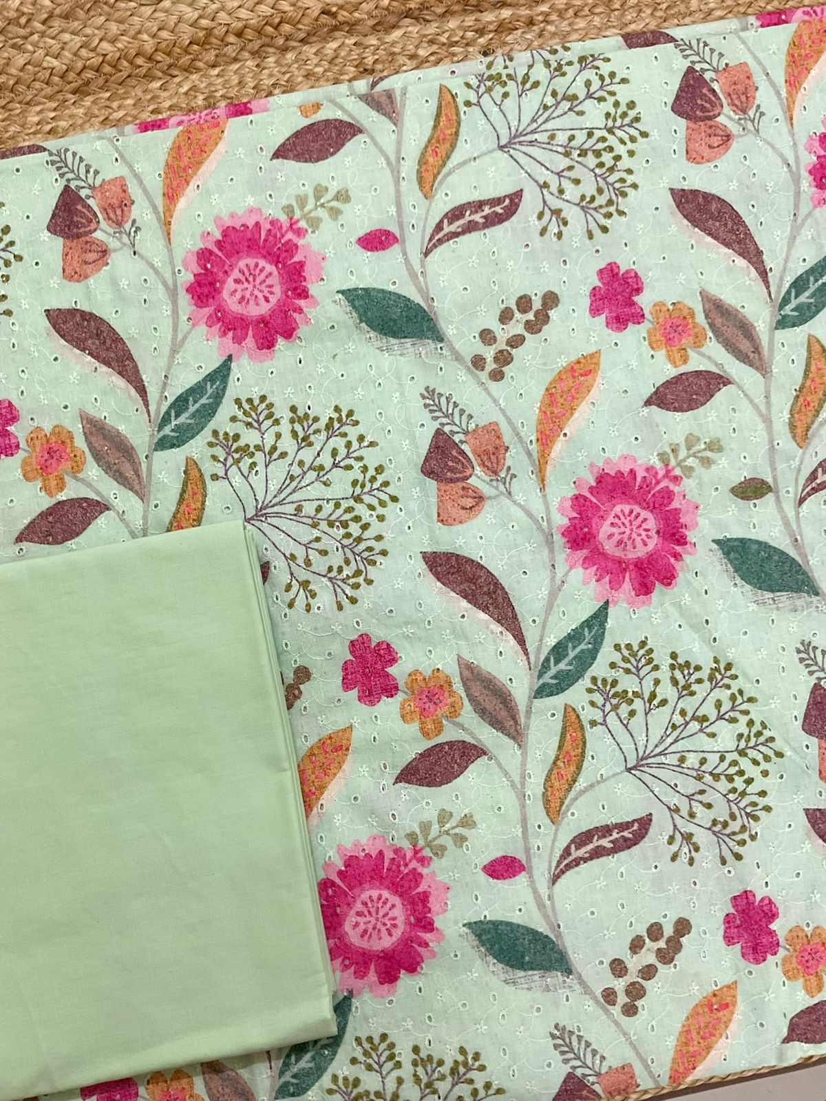 Pure Fine Hakoba Cotton Printed Embroidered Suit - Green