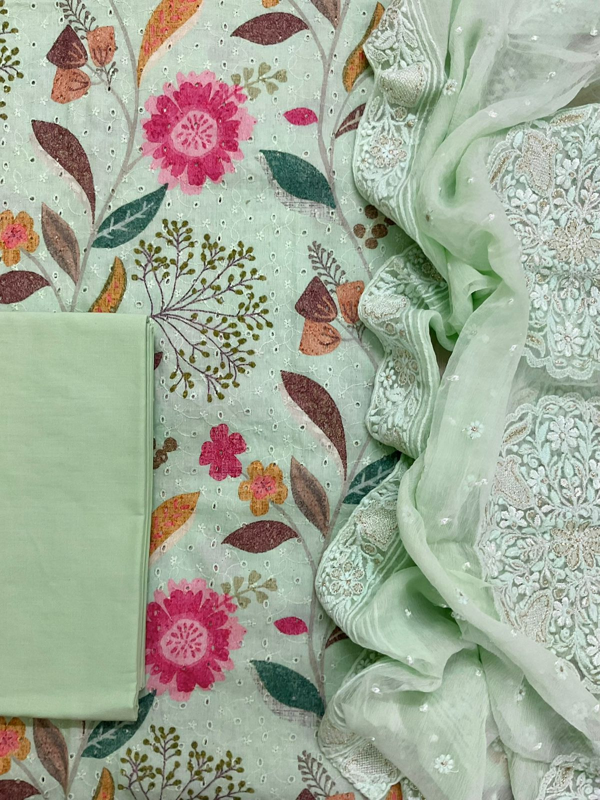 Pure Fine Hakoba Cotton Printed Embroidered Suit - Green