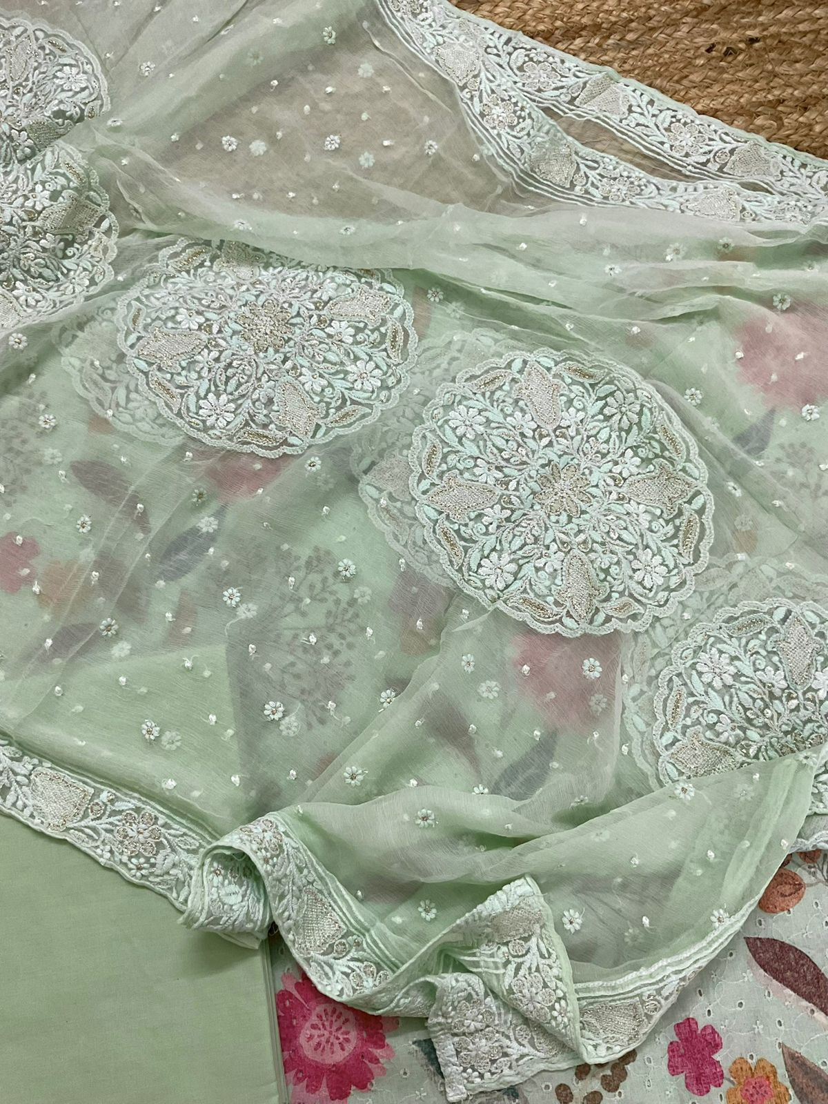 Pure Fine Hakoba Cotton Printed Embroidered Suit - Green