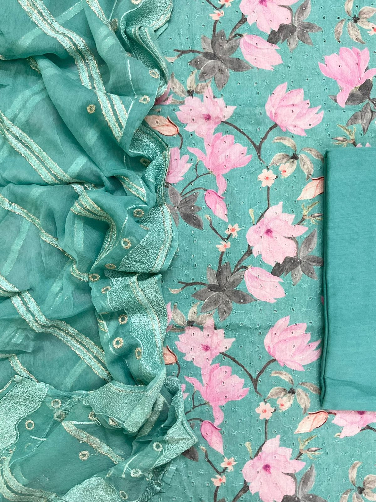 Pure Fine Hakoba Cotton Printed Embroidered Suit - Green