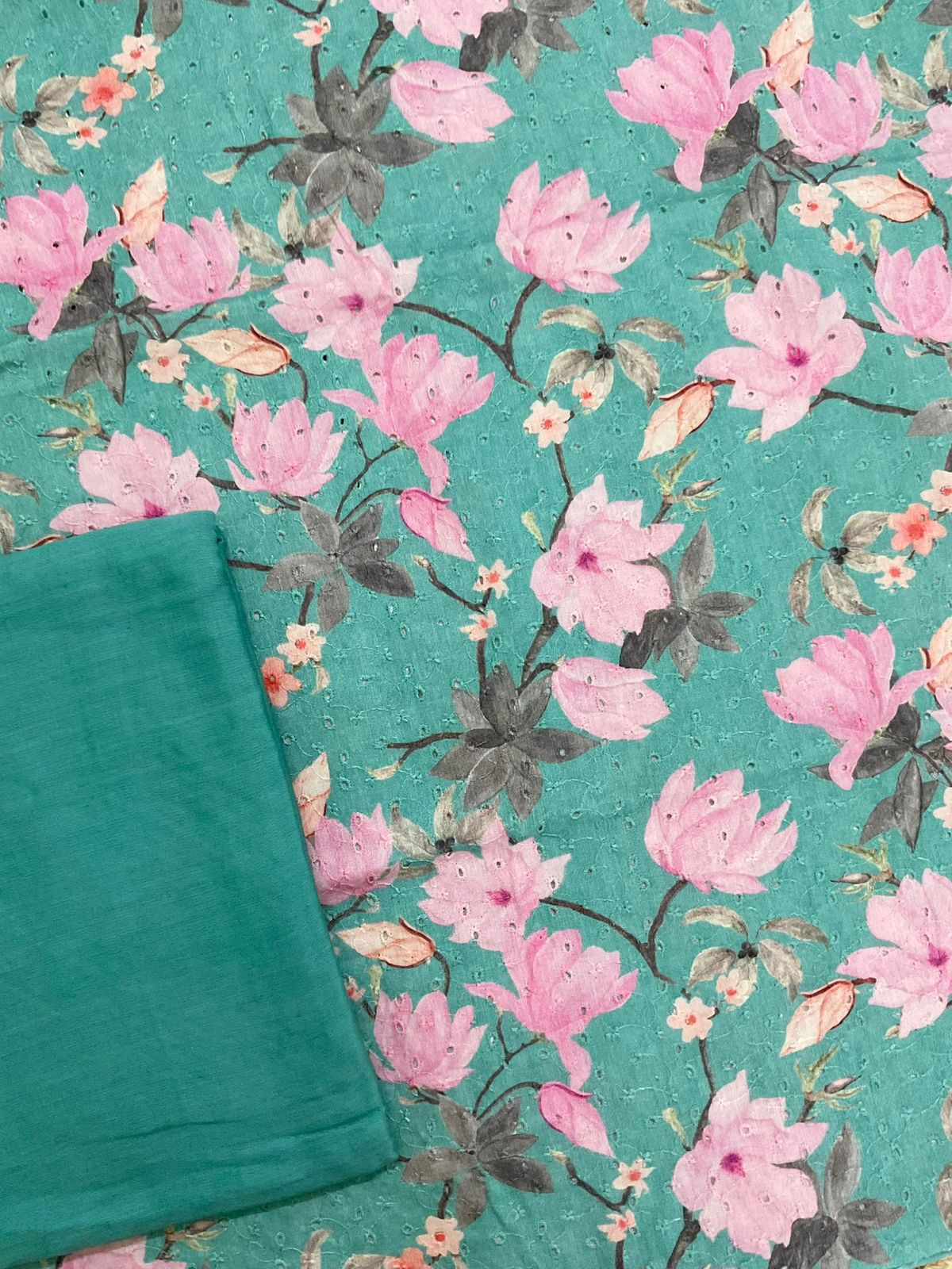 Pure Fine Hakoba Cotton Printed Embroidered Suit - Green