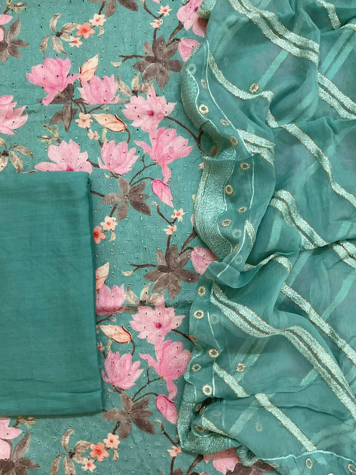 Pure Fine Hakoba Cotton Printed Embroidered Suit - Green