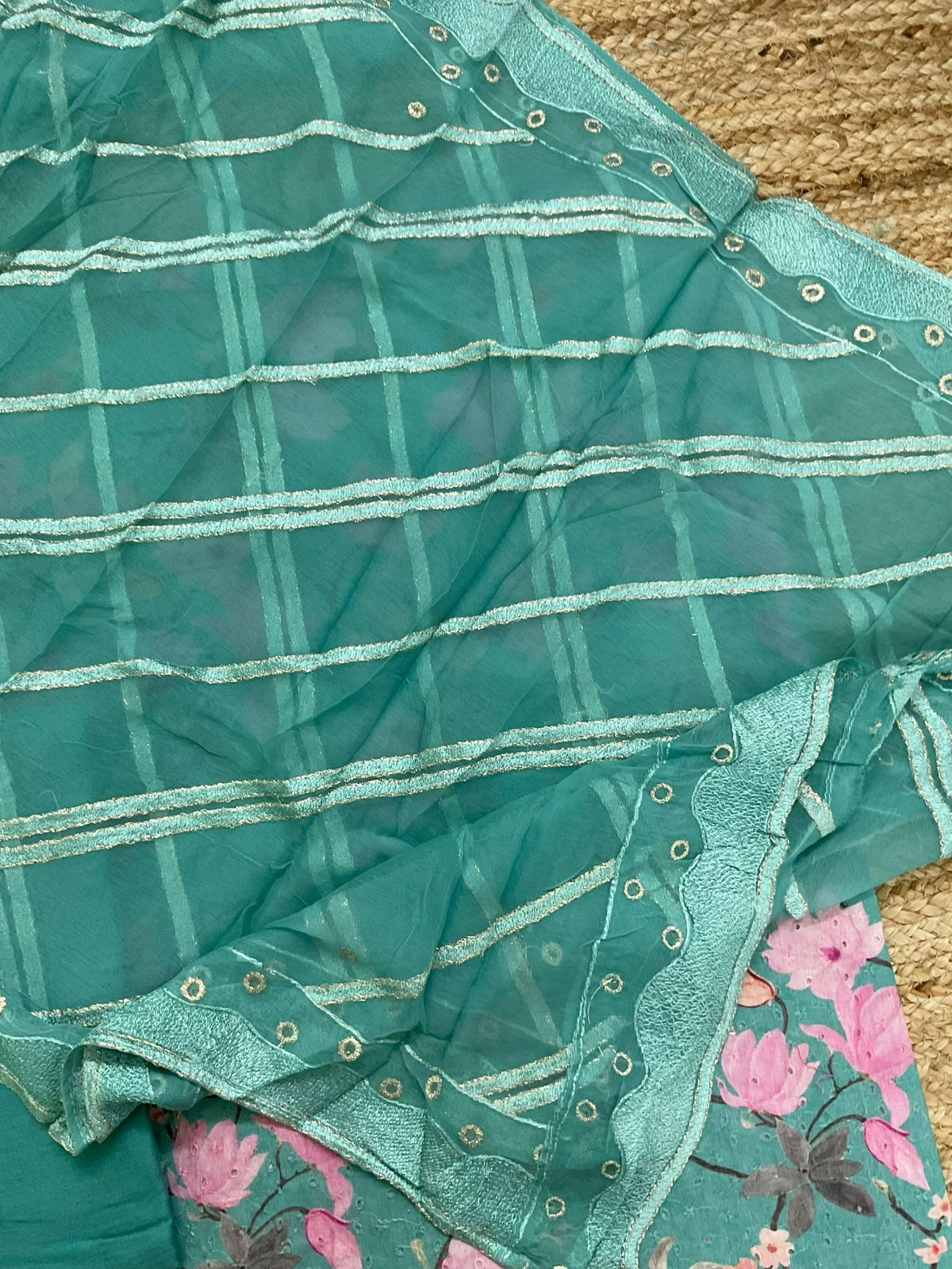 Pure Fine Hakoba Cotton Printed Embroidered Suit - Green